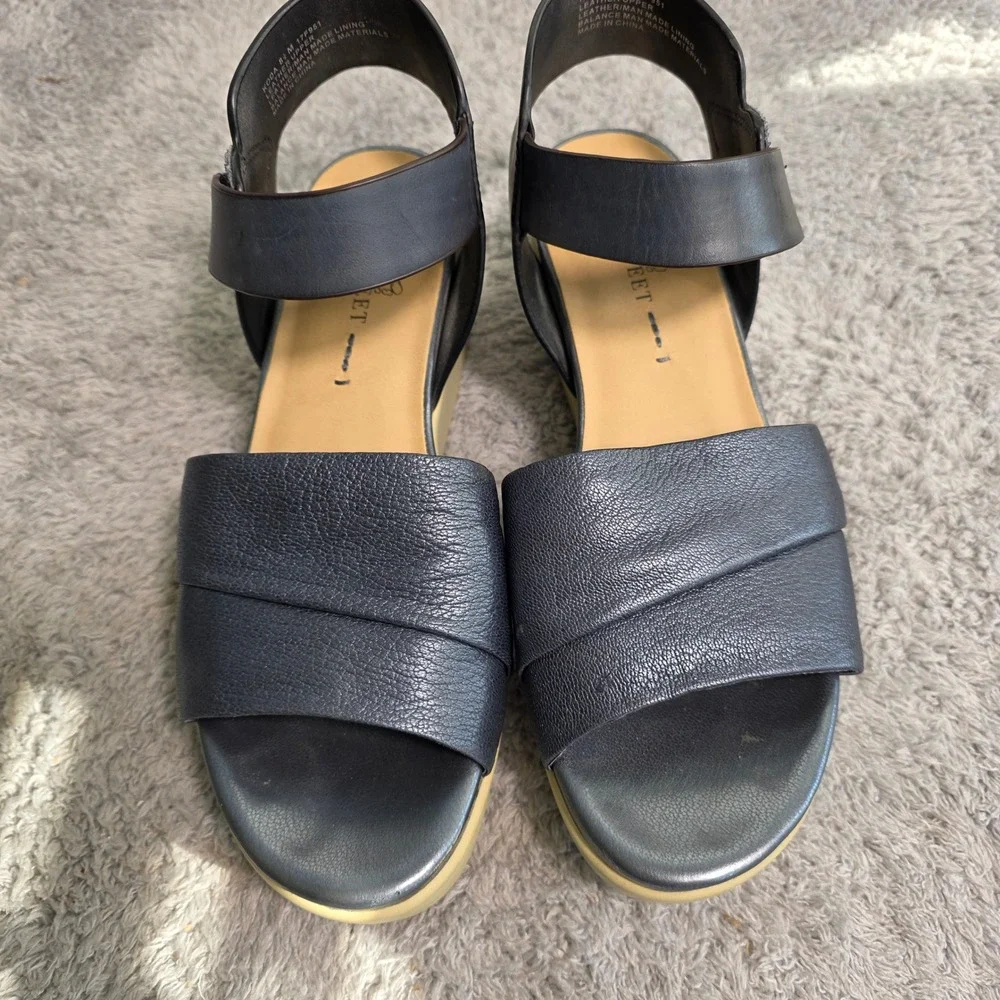 Naked Feet‎ Koda Platform Wedge Sandals Navy Blue Leather Womens 8.5 Good